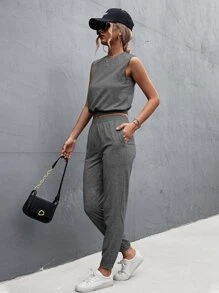 素色背心上衣和運動褲 - 深灰色 - 查看 6