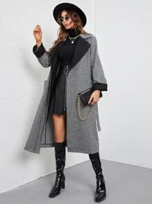 SHEIN LUNE Abrigo de pata de gallo con doble bolsillo de manga raglán con cinturón - Negro - Ver 5