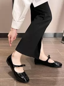 蝴蝶结装饰方头玛丽珍平底鞋，情人节款，芭蕾平底鞋 - 黑色 - 查看 4