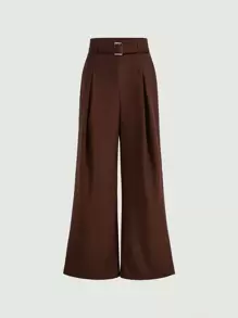SHEIN MOD Fold Pleated Wide Leg Belted Trousers - Coffee Brown - View 1