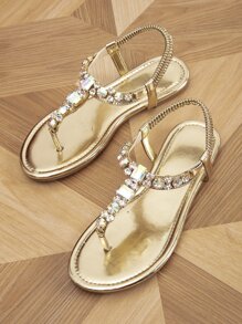 Jewelled Decor Thong Sandals - Gold - View 3