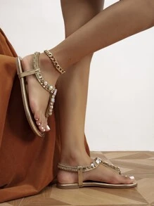 Jewelled Decor Thong Sandals - Gold - View 4