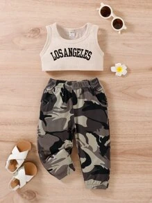 SHEIN Baby Letter Embroidered Tank Top & Camo Print Trousers - Multicolor - View 1