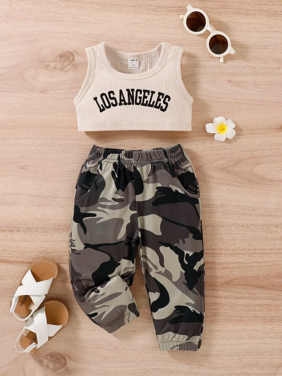 SHEIN Baby Letter Embroidered Tank Top & Camo Print Trousers - Multicolor - View 1