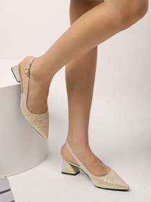 Glitter Point Toe Chunky Heeled Slingback Pumps - Champagne - View 3