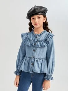 Girls Ruffle Trim Flounce Sleeve Peplum Denim Shirt - Medium Wash - View 1