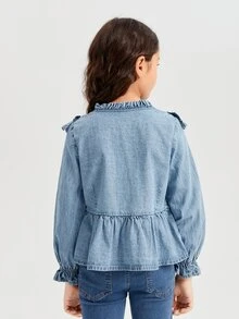 Girls Ruffle Trim Flounce Sleeve Peplum Denim Shirt - Medium Wash - View 2