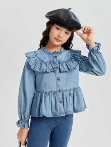 Girls Ruffle Trim Flounce Sleeve Peplum Denim Shirt - Medium Wash - View 3