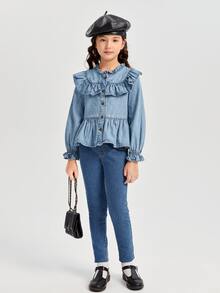 Girls Ruffle Trim Flounce Sleeve Peplum Denim Shirt - Medium Wash - View 4