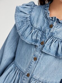 Girls Ruffle Trim Flounce Sleeve Peplum Denim Shirt - Medium Wash - View 6