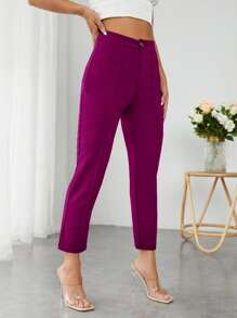 SHEIN PETITE High Waist Press Crease Tapered Trousers - Purple - View 3