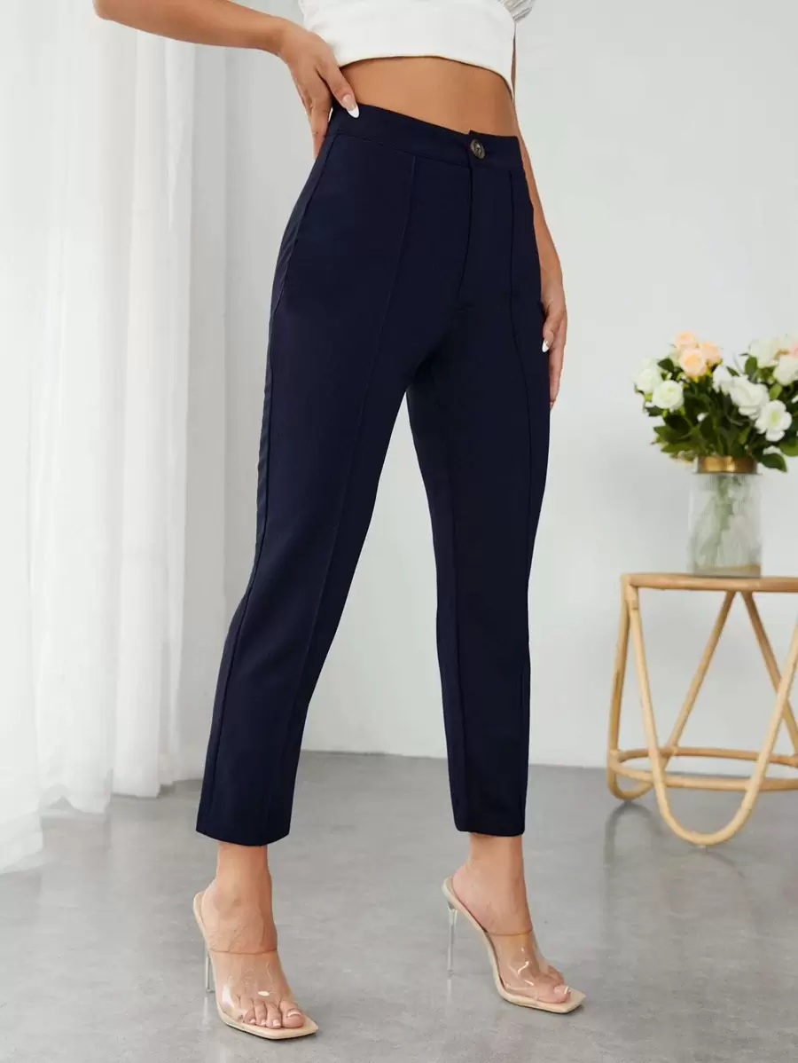 SHEIN PETITE High Waist Press Crease Cropped Tapered Pants - Navy Blue - View 1