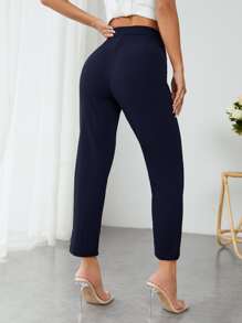 SHEIN PETITE High Waist Press Crease Cropped Tapered Pants - Navy Blue - View 2