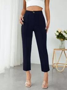 SHEIN PETITE High Waist Press Crease Cropped Tapered Pants - Navy Blue - View 3
