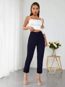 SHEIN PETITE High Waist Press Crease Cropped Tapered Pants - Navy Blue - View 4