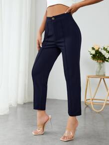 SHEIN PETITE High Waist Press Crease Cropped Tapered Pants - Navy Blue - View 5