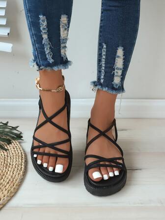 Women's Thick Sole Criss-Cross Strap Sandals, 2024 New Summer Fairy Style Fashion Wedge Heel Open Toe Roman Shoes