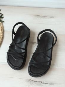 Women's Thick Sole Criss-Cross Strap Sandals, 2024 New Summer Fairy Style Fashion Wedge Heel Open Toe Roman Shoes - Black - View 6