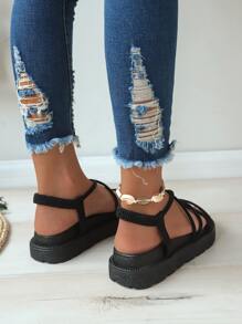 Women's Thick Sole Criss-Cross Strap Sandals, 2024 New Summer Fairy Style Fashion Wedge Heel Open Toe Roman Shoes - Black - View 7