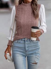 Stand Collar Contrast Bishop Sleeve Top - Pink - View 4