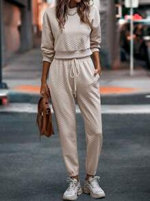 SHEIN Unity 素色落肩袖套頭衫和運動褲 - 杏色 - 查看 5