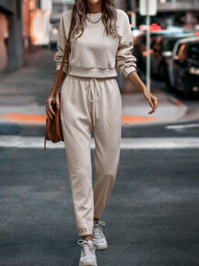 SHEIN Unity 素色落肩袖套頭衫和運動褲 - 杏色 - 查看 1