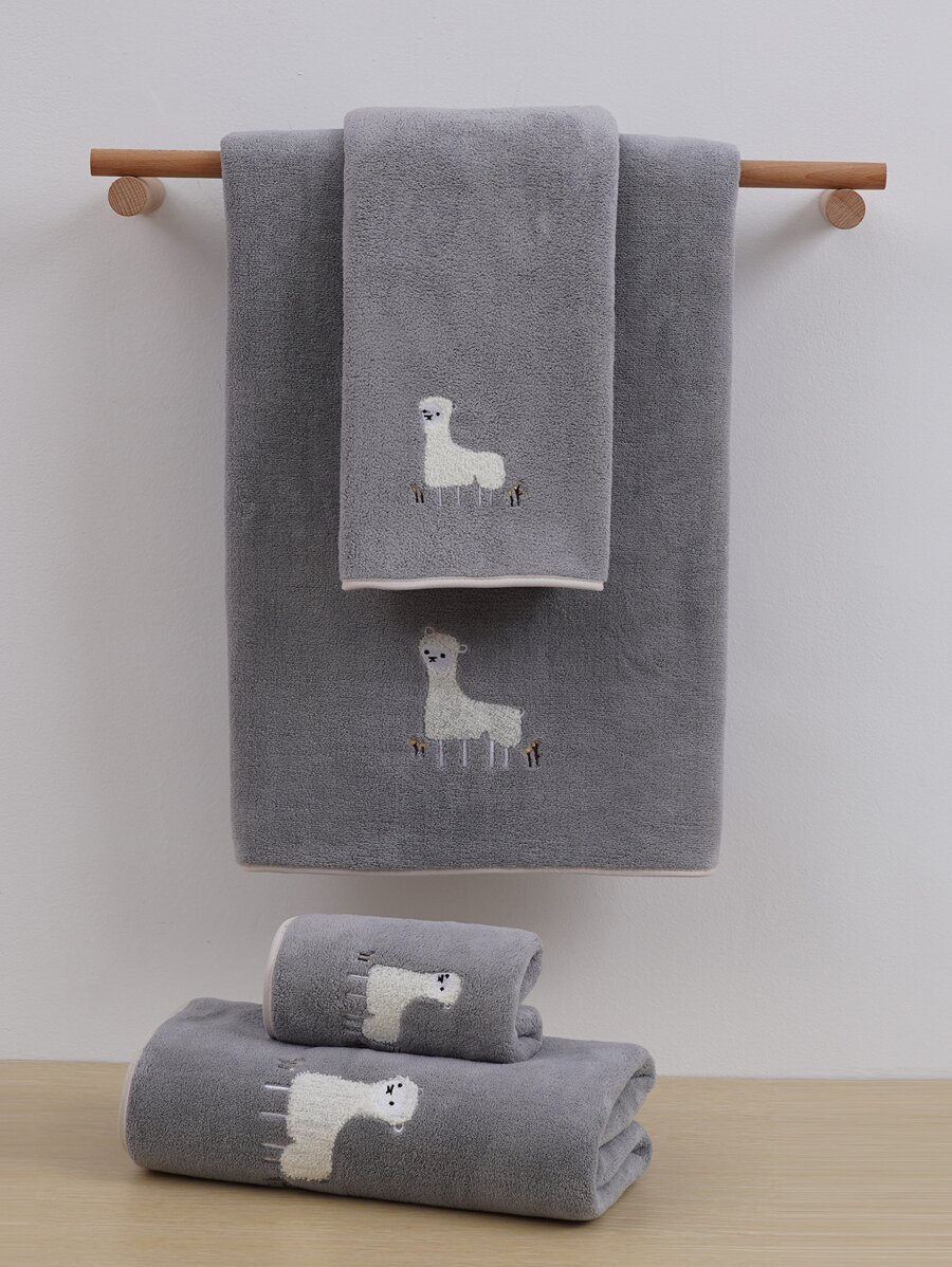1pc Alpaca Embroidered Towel Or Bath Towel - Grey - View 1