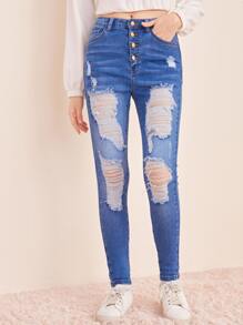 SHEIN Quần jean rách nút sờn cô gái tuổi teen - Rửa trung bình - Xem 1