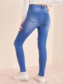 SHEIN Quần jean rách nút sờn cô gái tuổi teen - Rửa trung bình - Xem 2