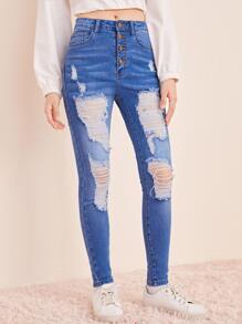 SHEIN Quần jean rách nút sờn cô gái tuổi teen - Rửa trung bình - Xem 3