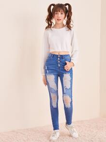 SHEIN Quần jean rách nút sờn cô gái tuổi teen - Rửa trung bình - Xem 4