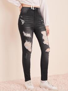 SHEIN 青少女破洞牛仔褲 - 黑色 - 查看 4