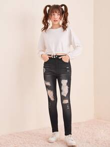 SHEIN 青少女破洞牛仔褲 - 黑色 - 查看 5