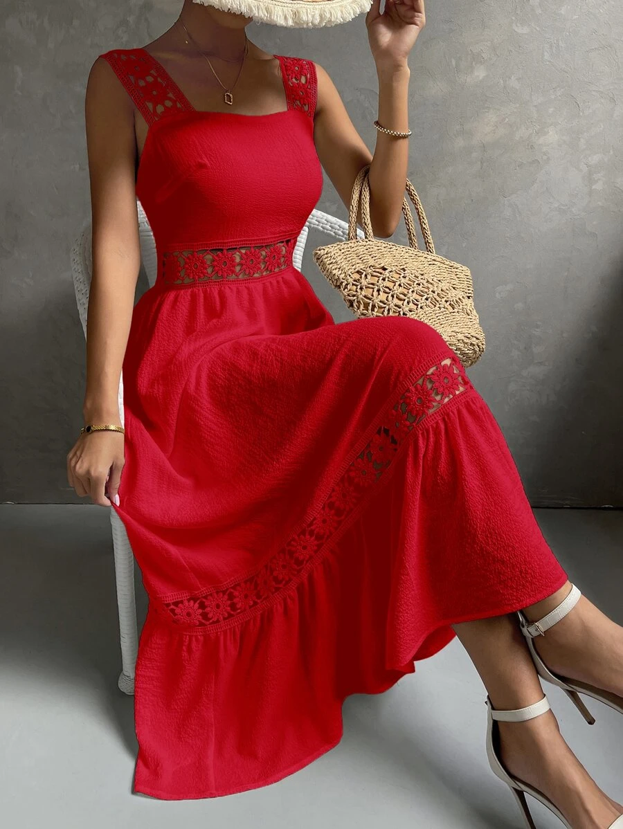 SHEIN Holidaya Đầm Tương phản ren Viên lá sen Dây kéo màu trơn Boho - Đỏ - Xem 1