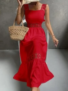 SHEIN Holidaya Đầm Tương phản ren Viên lá sen Dây kéo màu trơn Boho - Đỏ - Xem 3