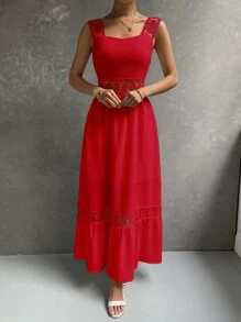 SHEIN Holidaya Đầm Tương phản ren Viên lá sen Dây kéo màu trơn Boho - Đỏ - Xem 4