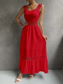 SHEIN Holidaya Đầm Tương phản ren Viên lá sen Dây kéo màu trơn Boho - Đỏ - Xem 5