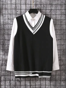 Aesthetic Post 男士條紋飾邊毛衣背心無襯衫 - 黑色 - 查看 1