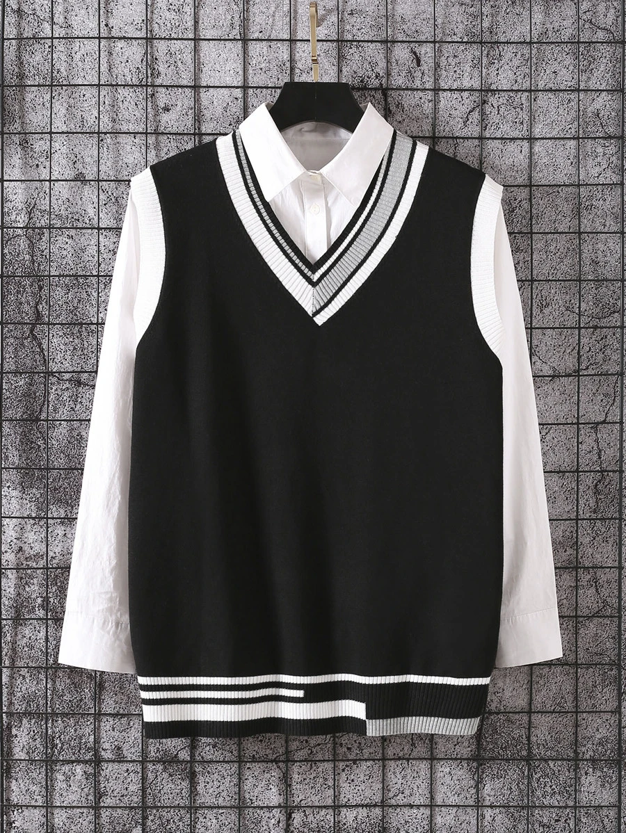 Aesthetic Post 男士條紋飾邊毛衣背心無襯衫 - 黑色 - 查看 1