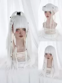 alicegarden Long Straight Cosplay Synthetic Wig With Bangs & 1pc Wig Cap - White - View 1