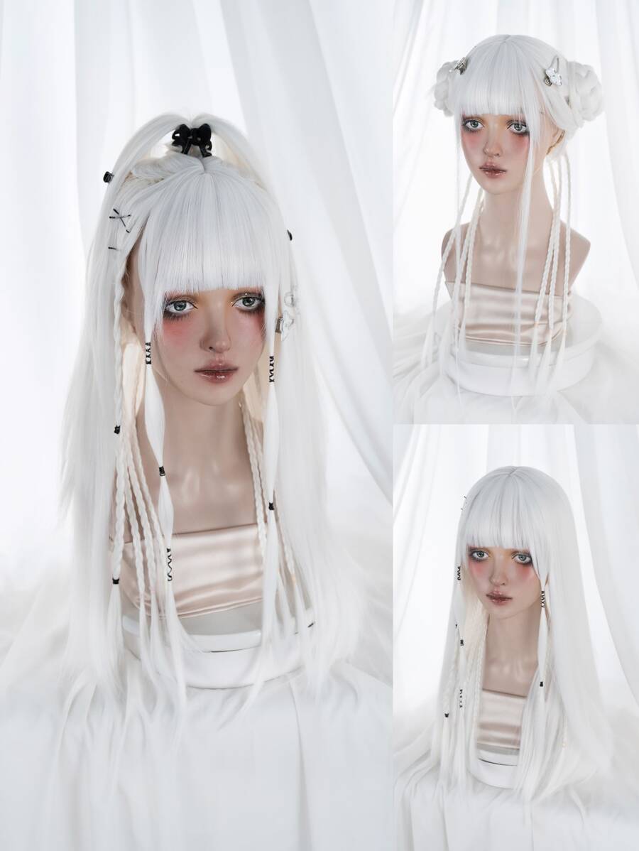 alicegarden Long Straight Cosplay Synthetic Wig With Bangs & 1pc Wig Cap - White - View 1