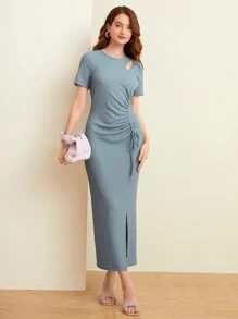 Mulvari Vestido de cuello asimétrico con cordón fruncido bajo con abertura - Neblina azul - Ver 1