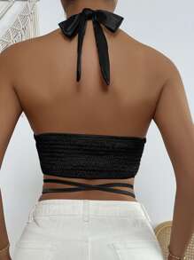 SHEIN Unity Áo hai dây Lộ Lưng Hội Chữ thập Buộc lại xoắn lại Dải chun Thắt nơ trước màu trơn Gợi cảm - màu đen - Xem 2