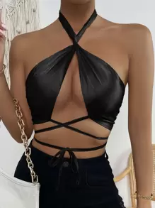 SHEIN Unity Áo hai dây Lộ Lưng Hội Chữ thập Buộc lại xoắn lại Dải chun Thắt nơ trước màu trơn Gợi cảm - màu đen - Xem 4