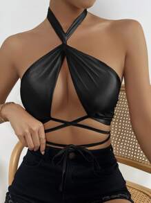 SHEIN Unity Áo hai dây Lộ Lưng Hội Chữ thập Buộc lại xoắn lại Dải chun Thắt nơ trước màu trơn Gợi cảm - màu đen - Xem 6