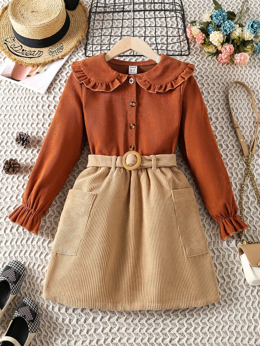 女孩娃娃領荷葉袖燈芯絨上衣和搭扣腰帶半身裙