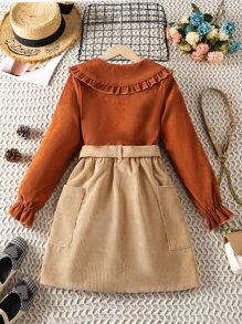 女孩娃娃領荷葉袖燈芯絨上衣和搭扣腰帶半身裙