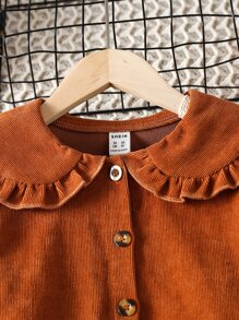 女孩娃娃領荷葉袖燈芯絨上衣和搭扣腰帶半身裙