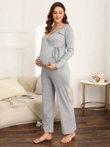 SHEIN Maternity Letter Graphic Wrap Knot Side Adjustable Elastic Waist Lounge Set - Light Grey - View 3