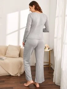 SHEIN Maternity Letter Graphic Wrap Knot Side Adjustable Elastic Waist Lounge Set - Light Grey - View 2